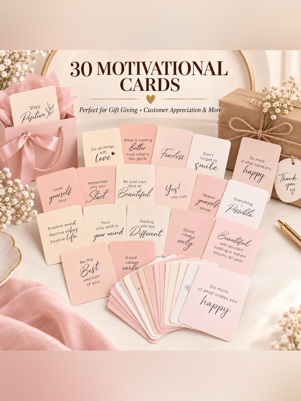 30 Motivational Cards - Pink & Cream Inspirational Quote Set